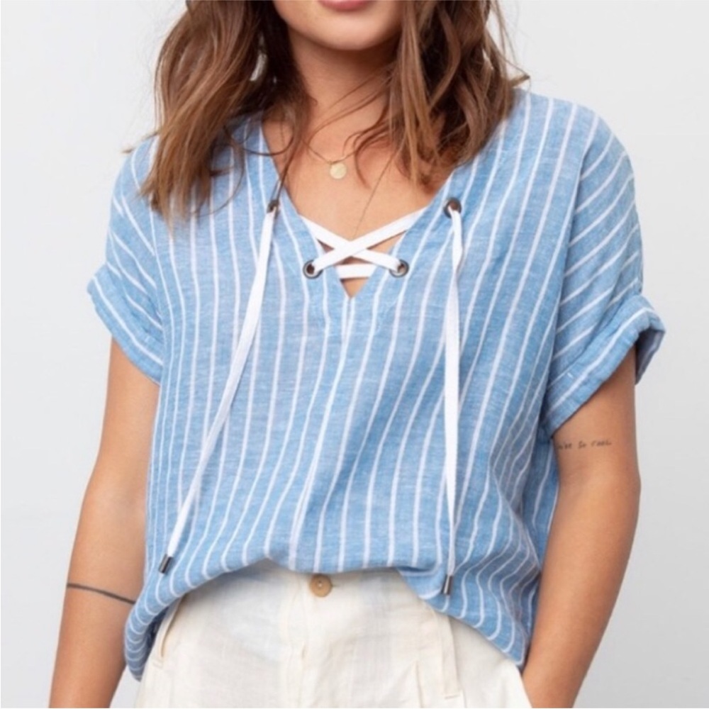 Rails Striped Lace Up Slouchy Blue Top - Medium - Summer Blouse